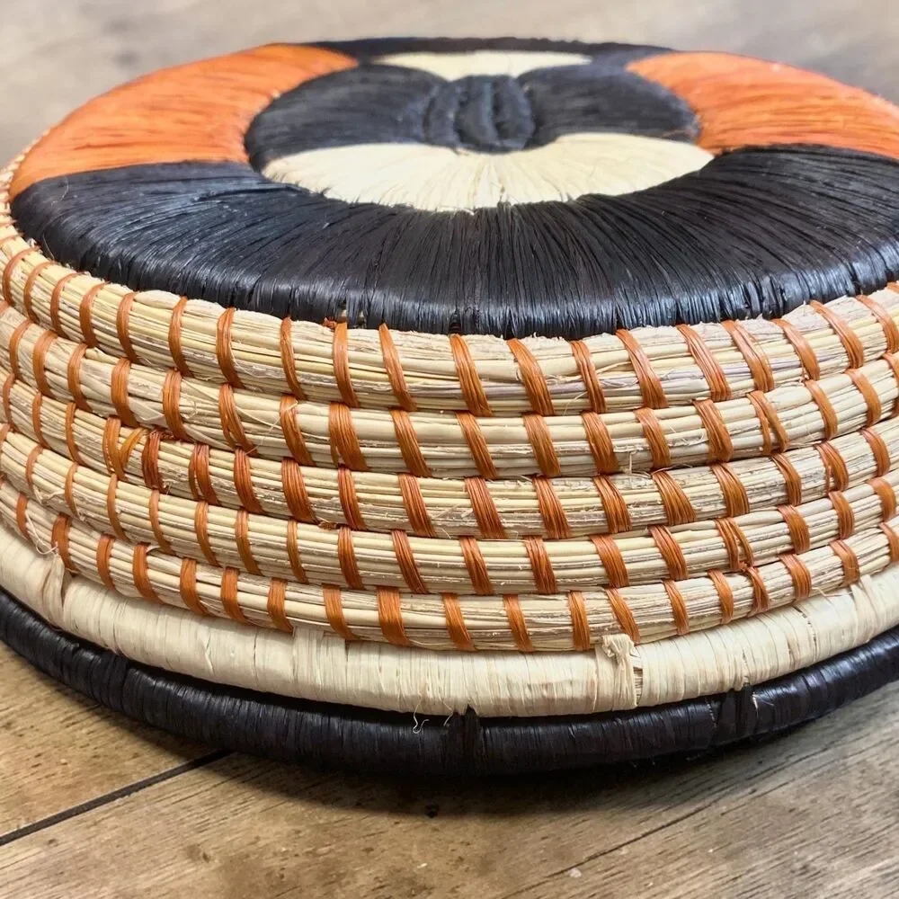 Handmade Kenyan Woven Sisal Basket 11x13 Oval Geometric Boho Bread Bowl Wall Art